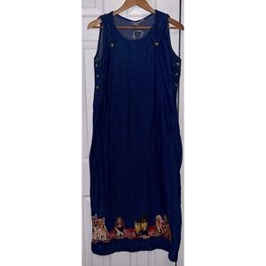 VTG Y2K 90s Jean Denim Pinafore Dress Dog Embroidered Medium Takes Two READ